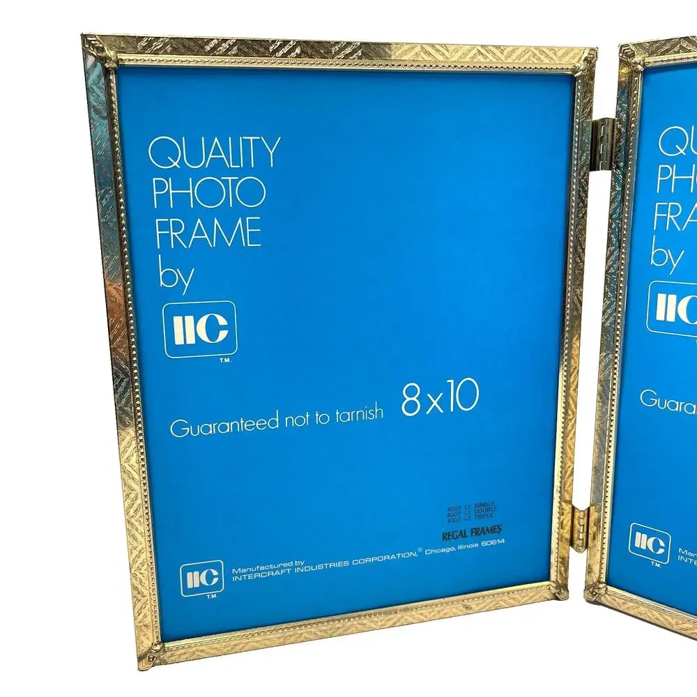 Vintage Tri-Fold Gold Tone Hinged Picture Frame Holds (3) 8x10 Photos-Tabletop